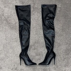 Pleaser Black Pull On Thigh High Boots with Stiletto Heel